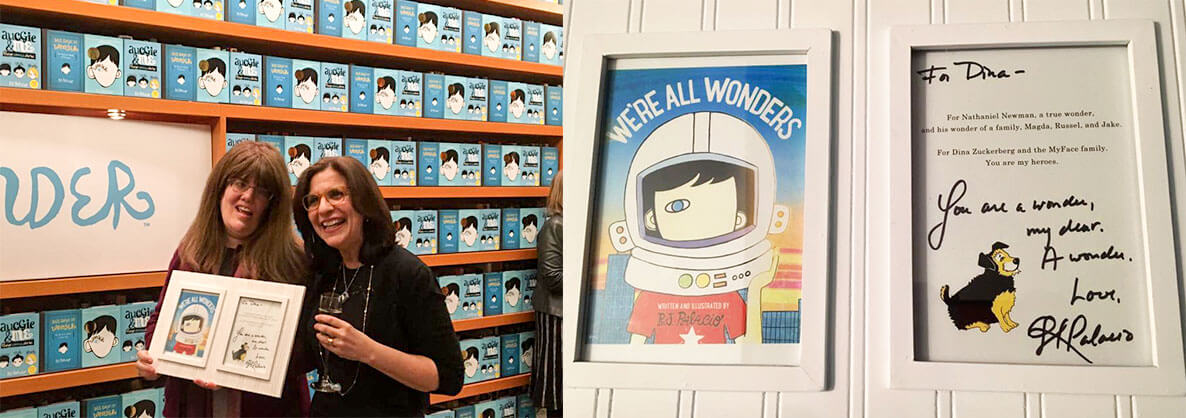 R.J. Palacio specially presented our Director of Family Programs, Dina Zuckerberg with a framed cover of the book