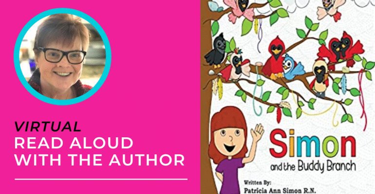 Image includes picture of Author Patricia Ann Simon, with short hair and wearing dark-rimmed glasses, along with a picture of the book cover Simon and the Buddy Branch.