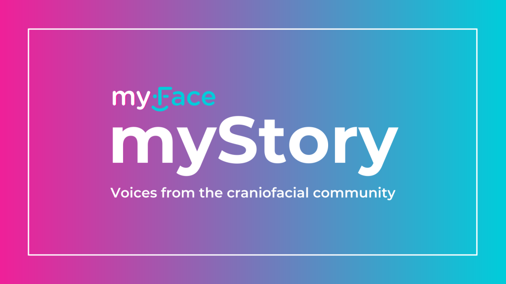 Header image with gradient background from pink at left to baby blue at right, overlayed with the show title "myFace, myStory" in bold white lettering.