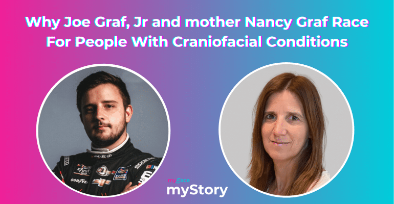 Image includes the page title in white text, with pictures of Joe Graf Jr. and his mother, Nancy Graf, in circles. Joe features a short beard and wears his racing suit while his mother has long brown hair and a white shirt.