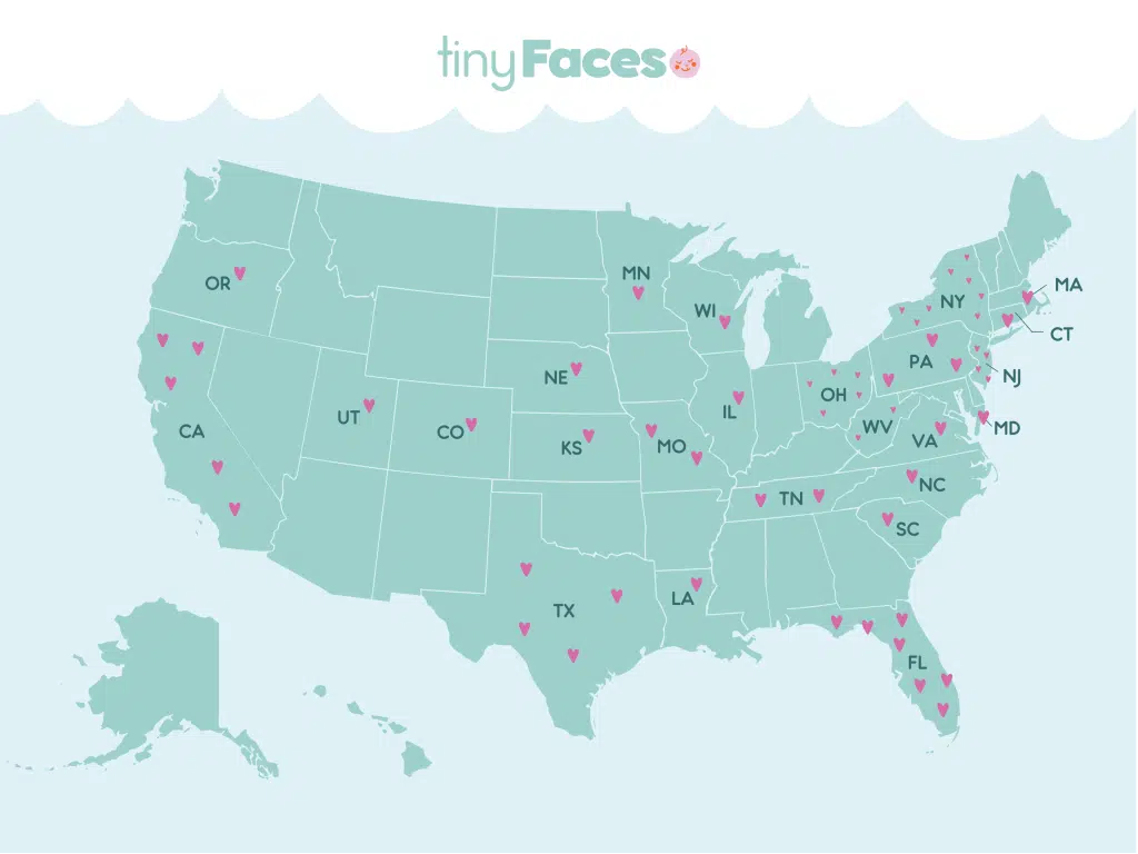 tinyFaces-Map_V2 USA map showing 59 tinyfaces hospital locations in 25 states