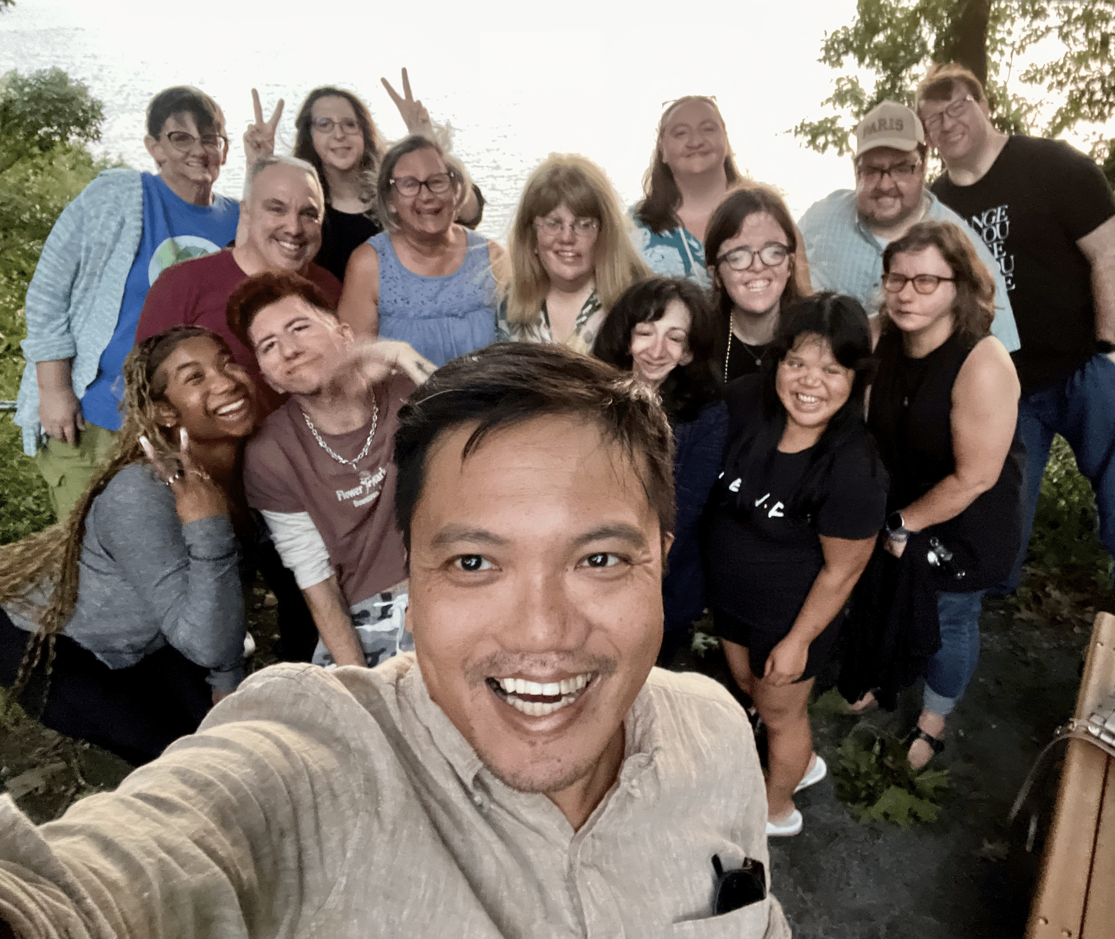 myface-retreat-group group shot in front of lake