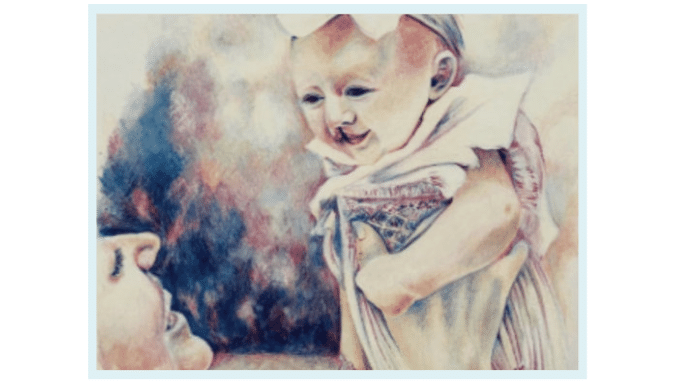 artistic painting of smiling mother holding smiling baby with cleft lip